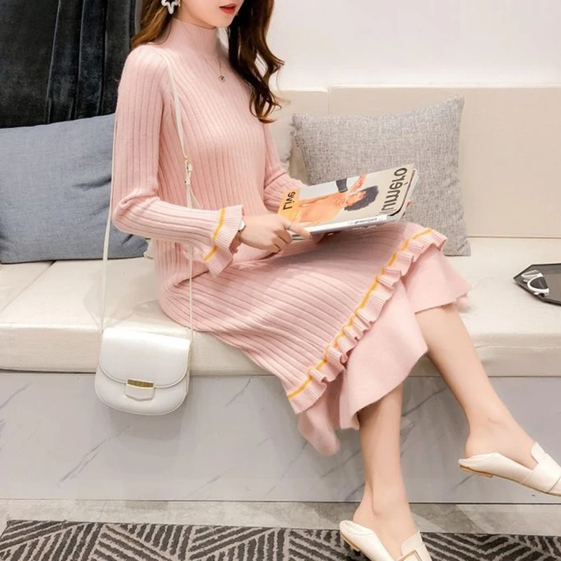 Женский свитер пуловер вязаное платье-свитер с расклешенными рукавами