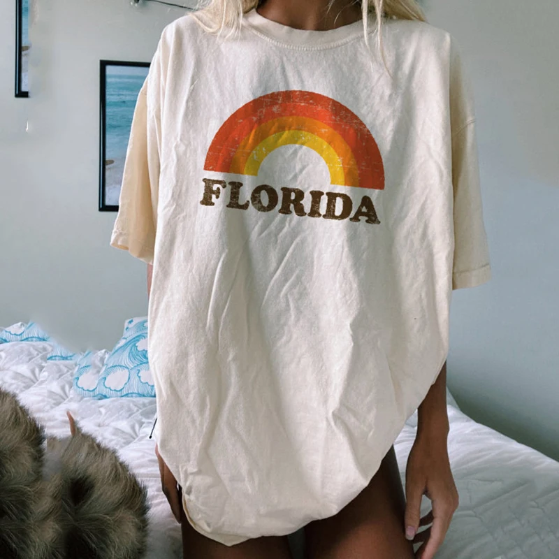 

Женская свободная футболка с коротким рукавом, повседневная Винтажная Футболка большого размера с принтом радужной Флориды и надписью, лет...