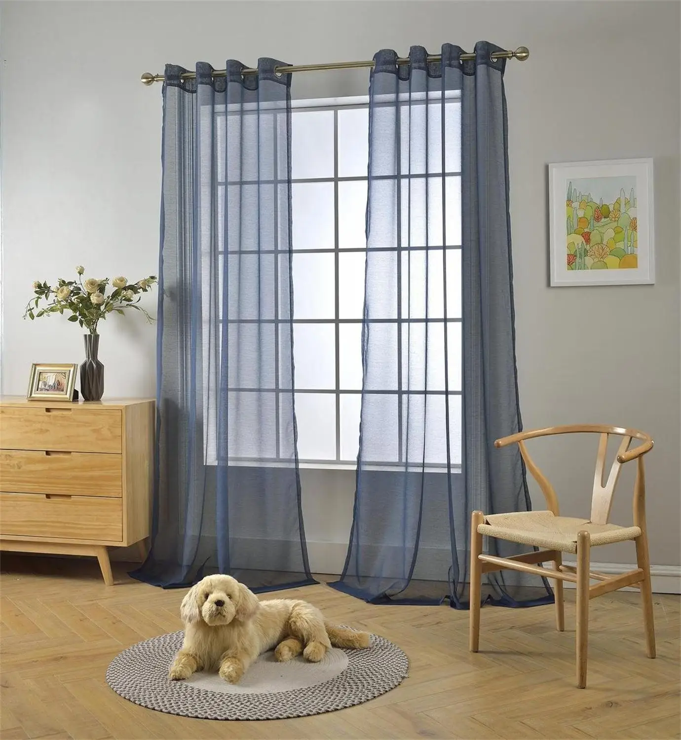 Темно-синие тюлевые занавески для украшения гостиной Современные однотонные