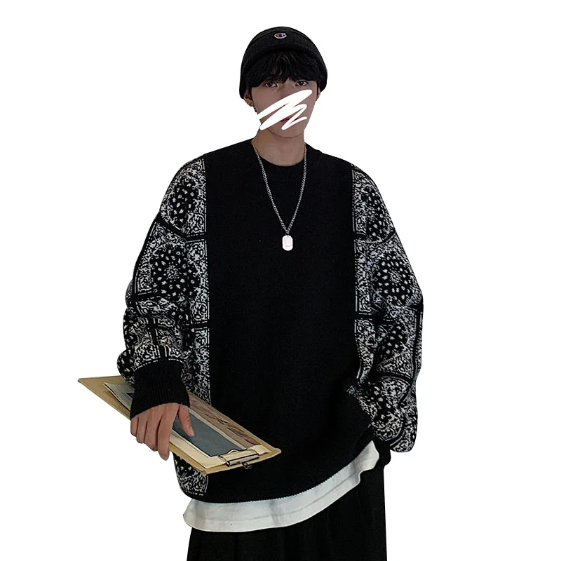 

Autumn Winter Sweater Men's Stitching Cashew Flower Printed O-neck Ethnic Style Top Simple Loose Warm Lantern Sleeve Pullovers