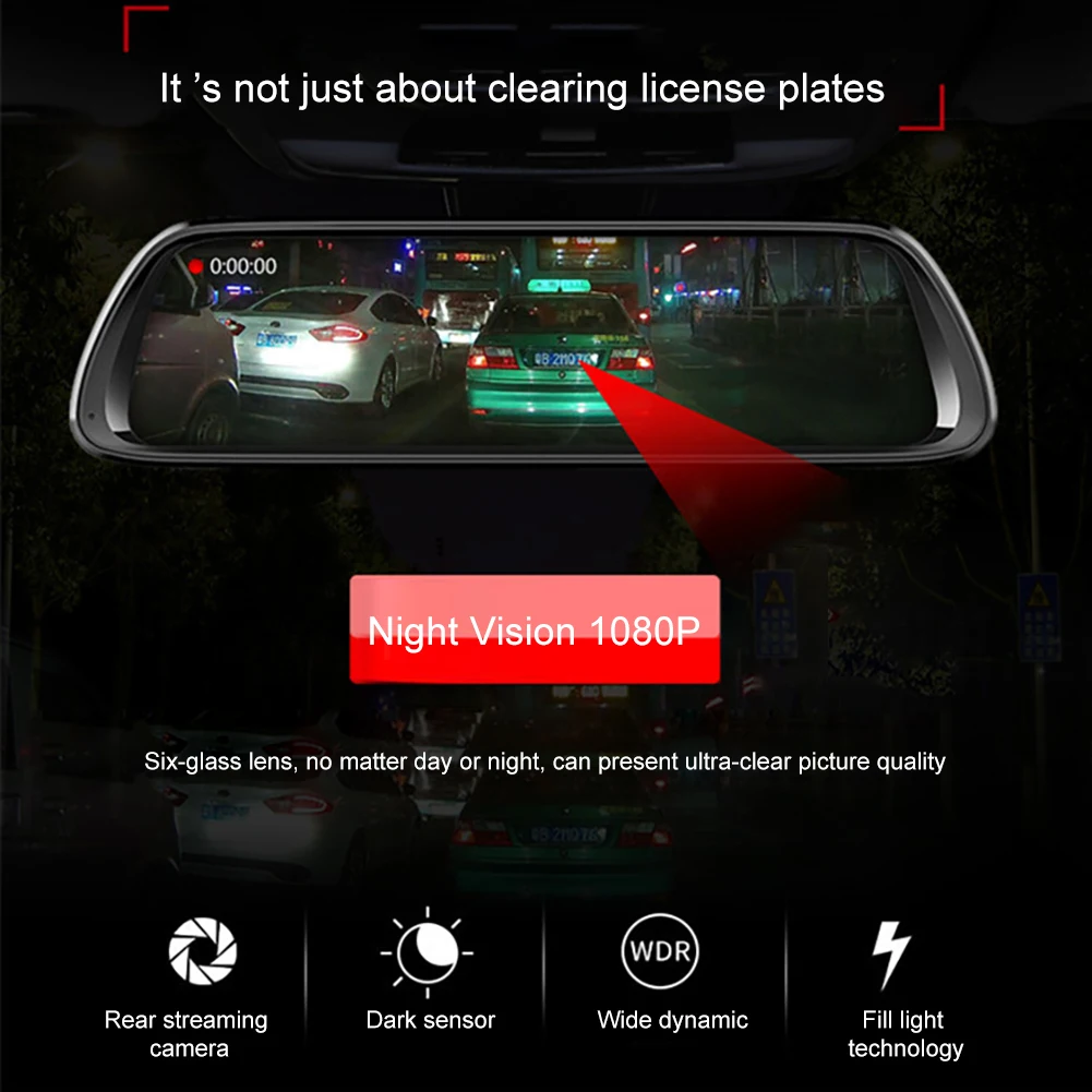 

10 In Car Recorder Rearview Mirror 1080P LED Touch Screen Dual Lens Reversing Image Night Vision Car DVR Camera with C10TF card