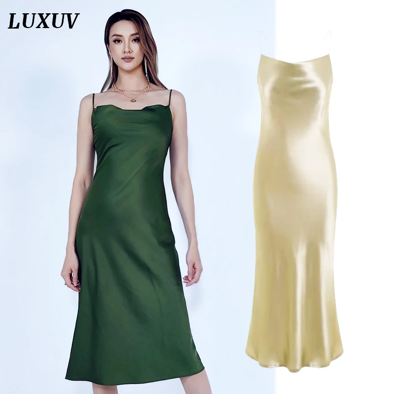 

LUXUV Women's Dress Tank Satin Straight Sexy Summer Beach Sleeveless Luxury Shiny Spaghetti Strap Long Imitation Silk Party