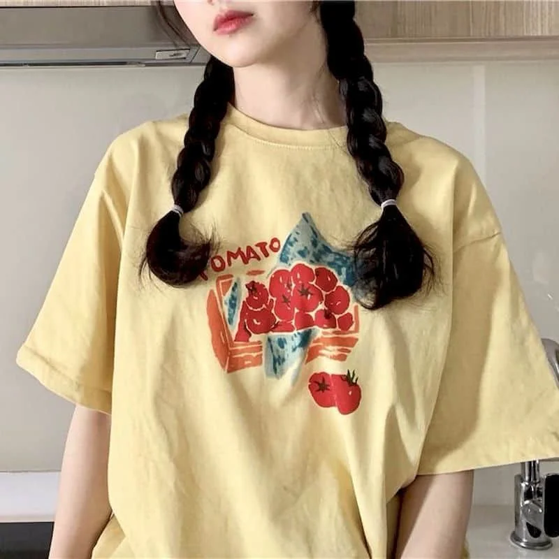 

Women's t-shirts cotton kawaii girl soft cute Japanese fresh yellow tomato peach print short-sleeved T-shirt ins female blouse