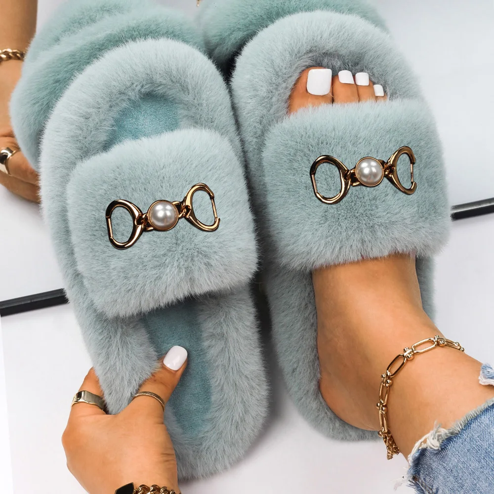 Letter Designer Furry Faux Fur Slippers Women's Fluffy Slides Custom Rhinestone Letter M Winter Sandals Warm Shoes Flip Flops