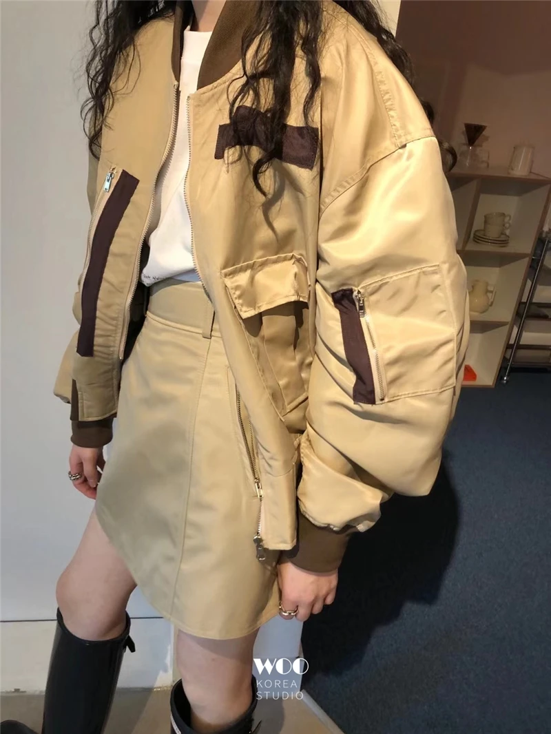 

Bf Style Chic Streetwear Loose Jacket For Women Autumn Winter Patchwork Color Long Sleeve Baseball Jacket Casual Outwear Top