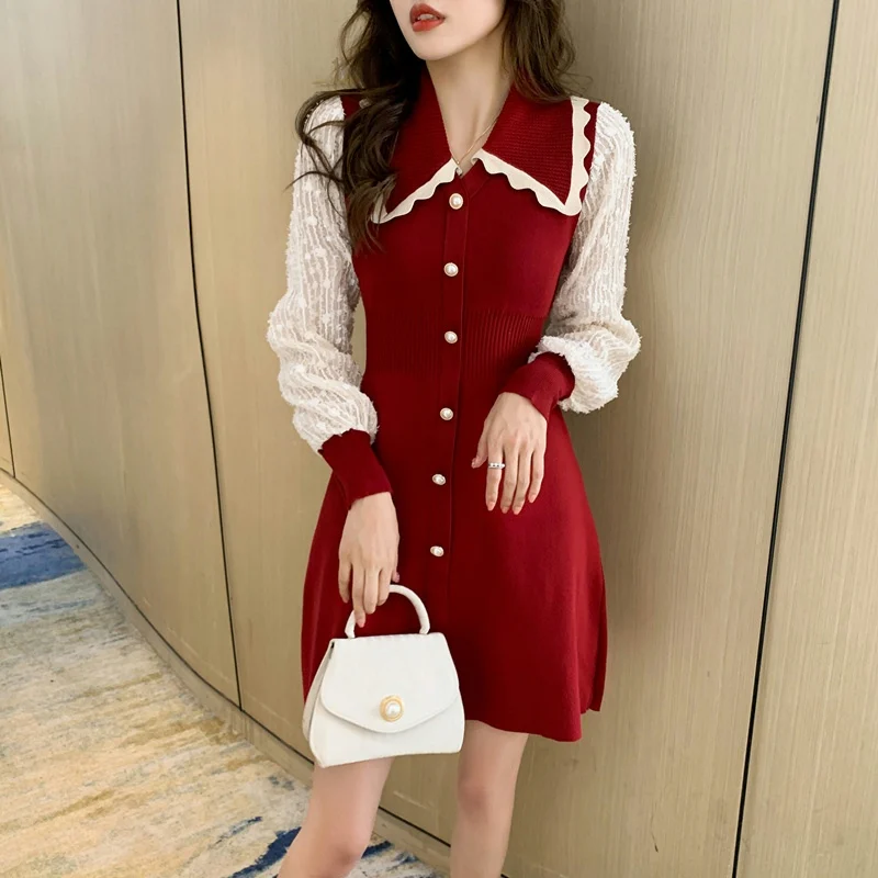 

Knitting Loose Women Dresses New Fashion Casual Long Sleeve Dress Autumn A-LINE Splicing Buttons Polo Collar Houthion