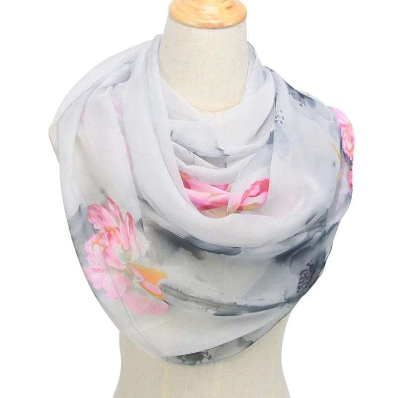 Шелковый шарф женский ультратонкий с цветочным принтом из полиэстера узором