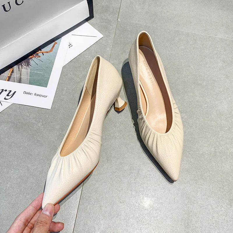 

Hot Women Pattern Stone Woman Pumps Pleated Hoof Heels Offices Shoes Slip on Pointed Toe Tacones Mujer Stiletto Med Heels Shoes