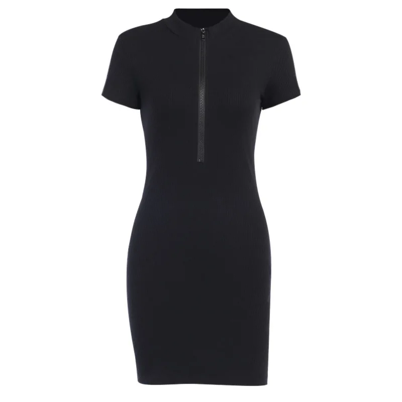 

Zipper Neck Women's Street Sexy Pencil Dress Knitted Cotton Short Sleeeve Slim Mini Hip Dress Party Club Fashion Summer Dresses