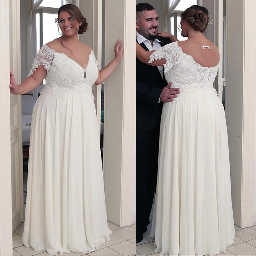 Elegant Plus Size Wedding Dress 2020 Lace Chiffon Off Shoulder Short Sleeves A-line Bridal Gown Robe de Mariage Open Back