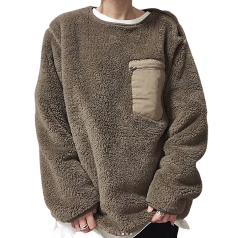 

Hoodies Women Autumn Pocket Long Sleeves Pullover Patchwork Elegant Korean Boho Teddy Coat for Spring 2021 Brown Outwear Tops