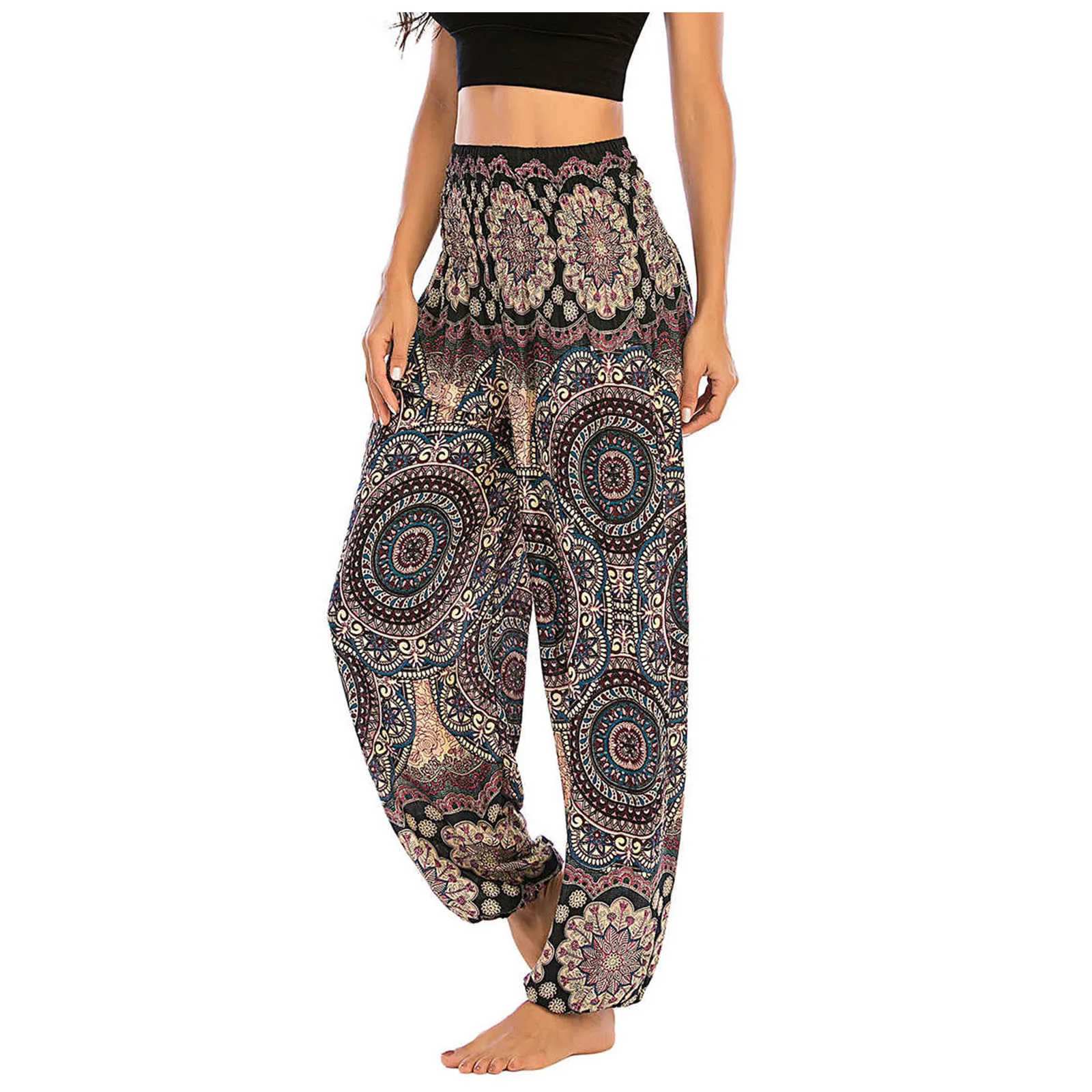 

Harem Pants Women Circular Pattern Print Yoga Pants Boho Festival Loose Pants High Waist Cover Trousers Штаны для йоги A50