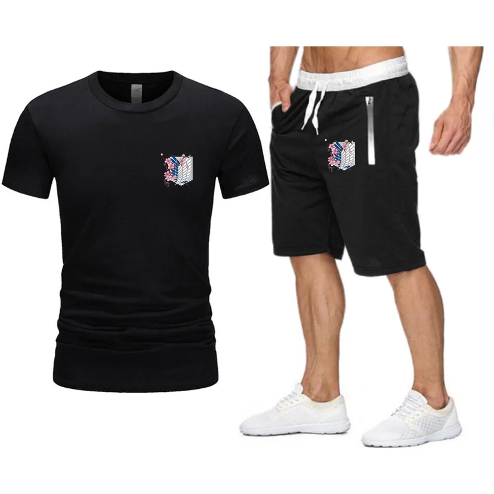 

Anime Badge Printing Men Oversized T-shirt 2021Harajuku Brand Sets Men's Clothing Summer Streetwear Beach Shorts Tracksuit