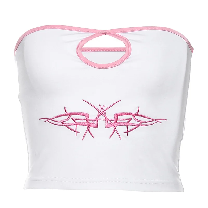 Женский укороченный топ с вышивкой белый без рукавов открытой спиной одежда для