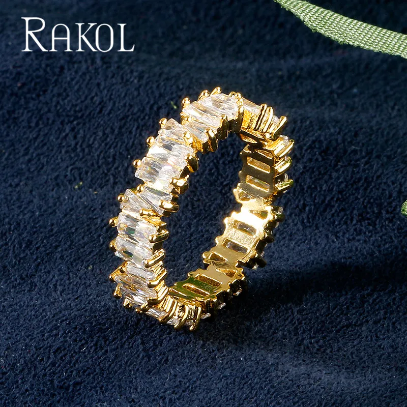 Gold Color RAKOL, новинка, модное, роскошное, очаровательное, AAA, багет, кубический цирконий, обручальное кольцо для женщин, многоцветная, Т-образная форма, Cz камень, вечерние ювелирные изделия - Цвет основного камня: Gold Color