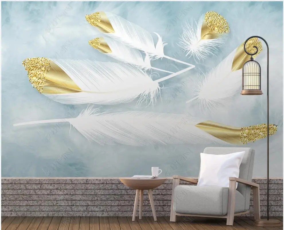 

3d photo wallpaper custom mural Simple and fresh golden watercolor feathers home decor wall paper in the living room