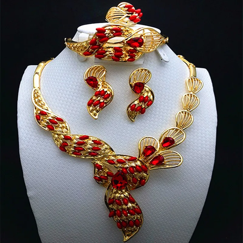 

African jewelry Creative Necklace Earring Sets Princess Bride Wedding,Fashion Luxury Crystal Charm Goldplated Heart Accessories