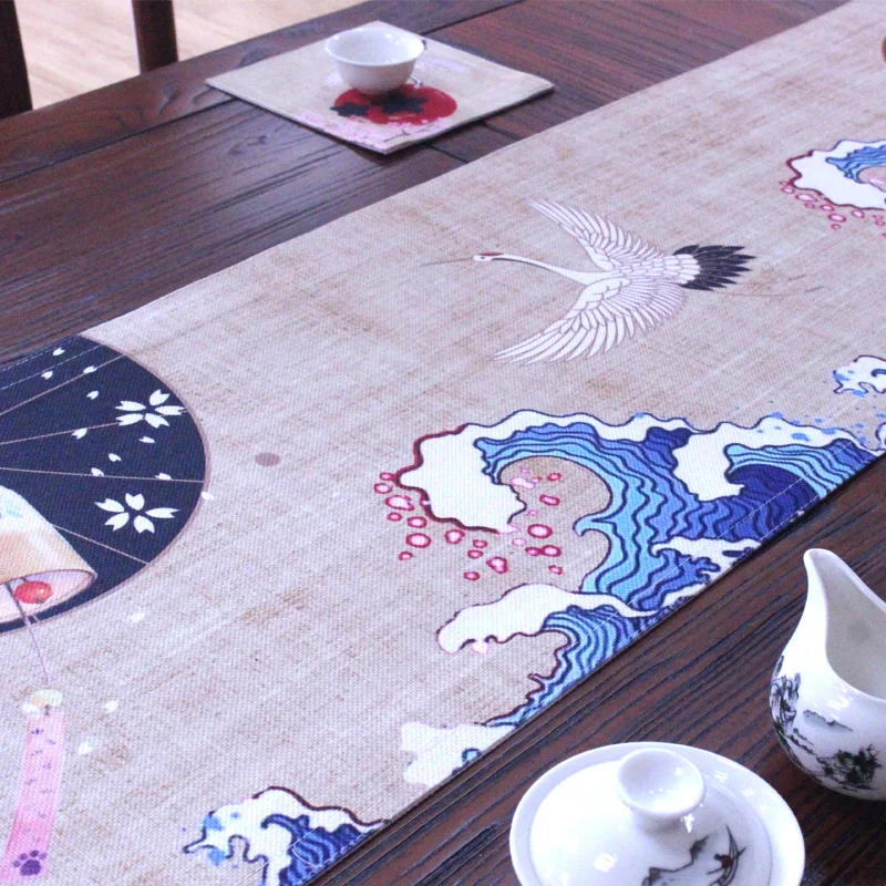Плотная скатерть из хлопка и льна в японском стиле с укиевым принтом для чайного