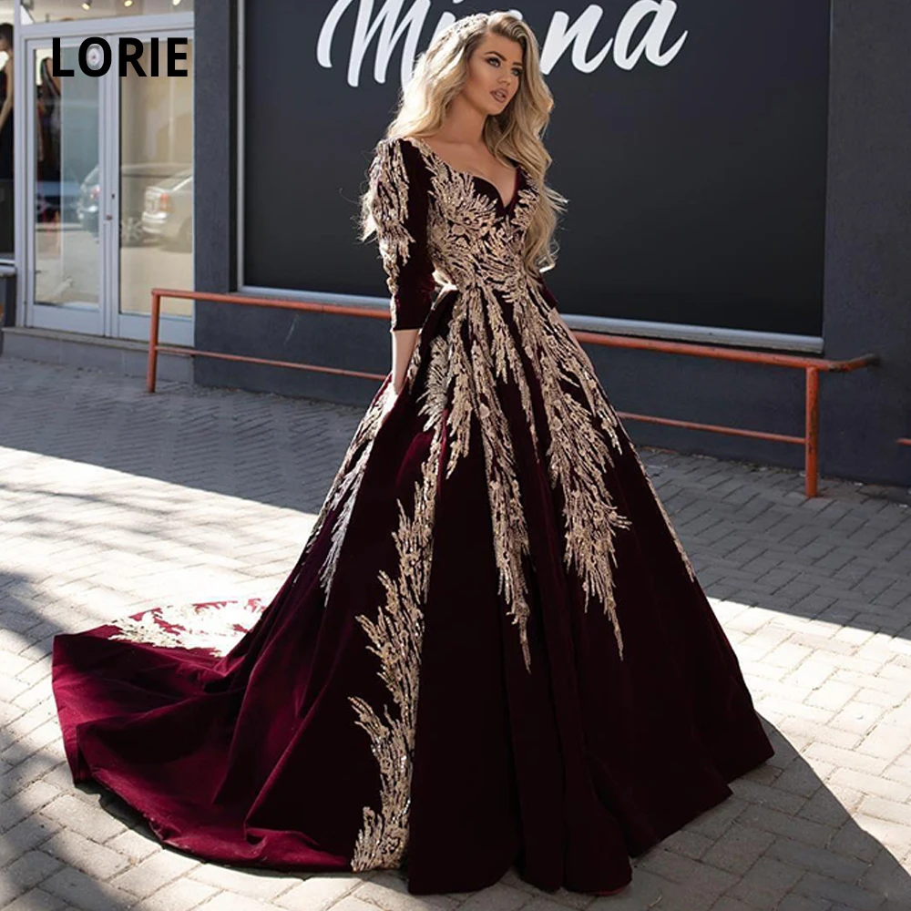 

LORIE Ball Gown Formal Burgundy Evening Dresses Gold Lace Appliqued Dubai Arabic Celebrity V Neck Long Sleeve Pageant Prom Gowns