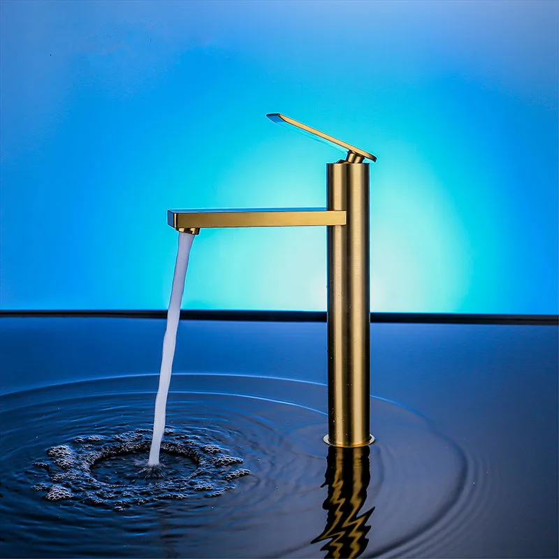 

Bathrom Basin Faucet Solid Brass Sink Mixer Tap Water Faucet Waterfall Basin Mixer Faucet Deck Mounted Wiredrawing Brushed Gold