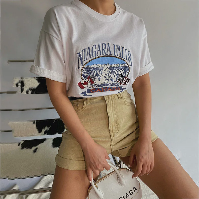 

Embroidery Letter Graphic T Shirts Print Vintage Loose Woman Tshirts O Neck Short Sleeve Pop Casual Summer Nice USA French Style