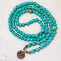 6mm turquoise 108 bead lotus pendant stretch bracelet bless cuff reiki yoga buddhism pray wristband lucky spirituality
