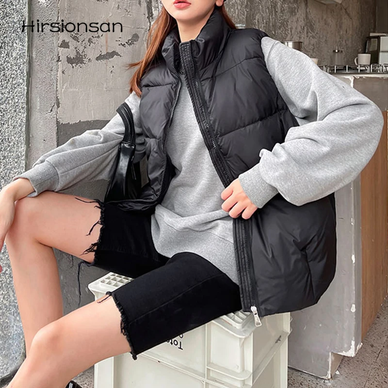 

Hirsionsan Winter Zip Up Thicken Vests Women Korean Solid Sleeveless Slim Waistcoat Female New Fashion All-match Puffer Coats