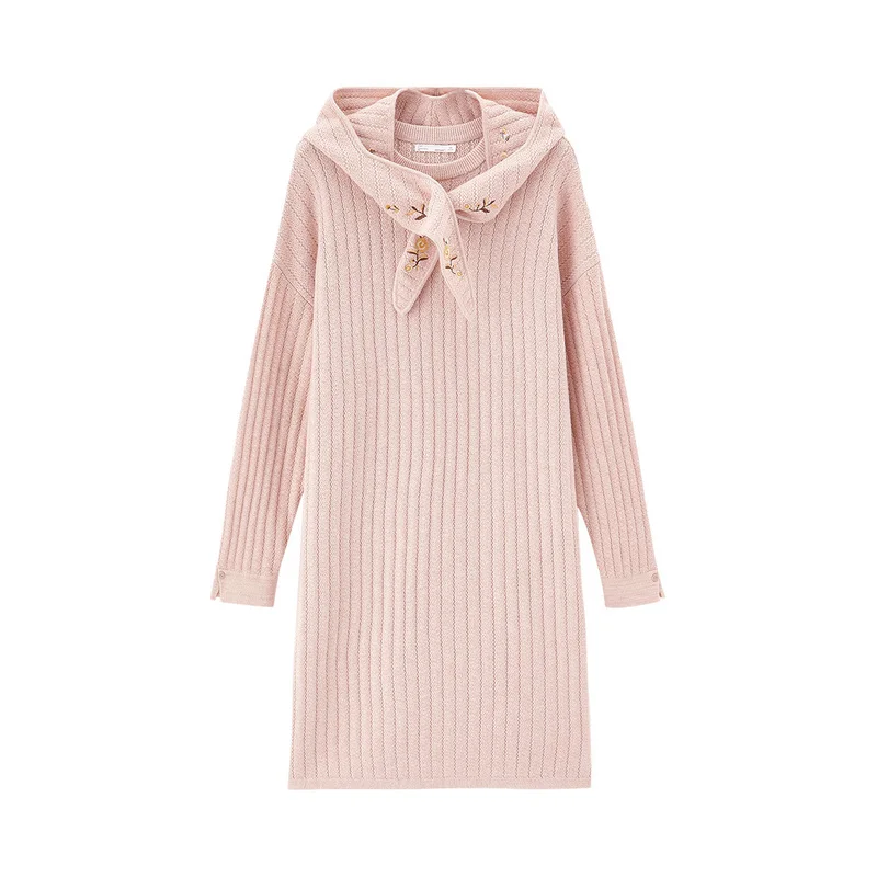 

INMAN Autumn Winter Women's Knitted Solid Color Dress Mid Long Sleeve Detachable Embroidered Hat Sweet Cute Causal One Piece