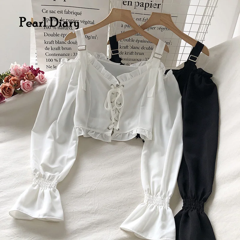 Купи Pearl Diary Women Off Shoulder Tops Ruffle Trim Lace Up Front Drawstring Sexy Top Flare Sleeve Sweet Ladies Cold Shoulder Tops за 781 рублей в магазине AliExpress