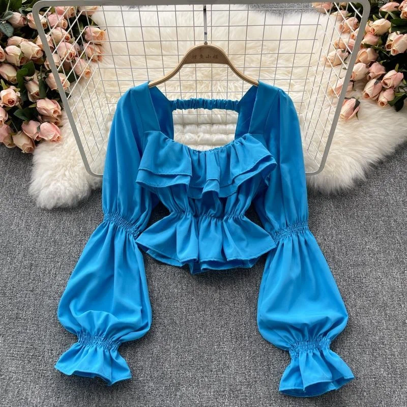 

Women's Blouse New Stylish Square Collar Puff Long Sleeve Ruffles Cropped Top 2022 Autumn Fashion Solid Slim Female Shirts Tops