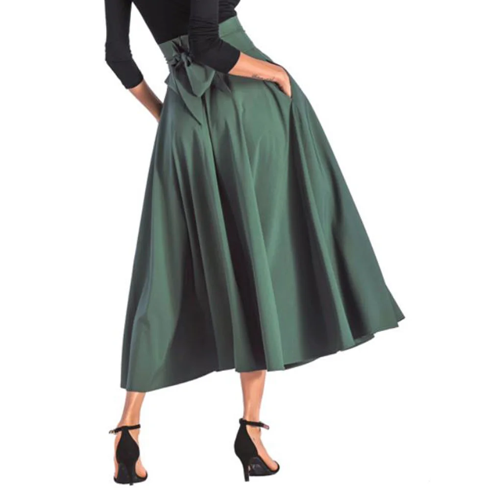 

Vintage Long Flare Skirt Women High Waist Lace Up Bowt Split Maxi Skirts Ladies Red Casual Summer Ankle Length Pleated Skirt