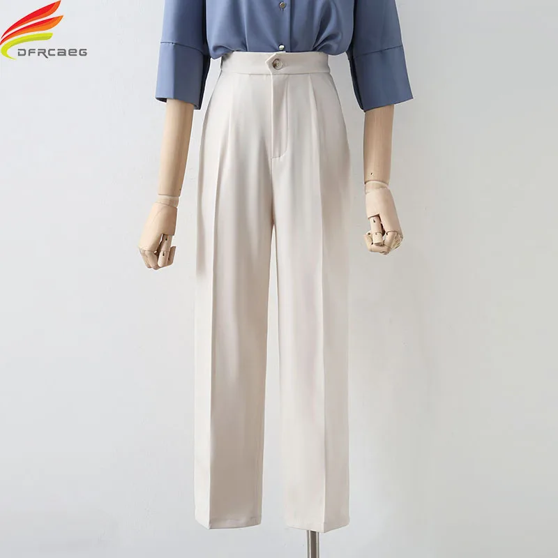 

Новинка 2021, бежевые или черные брюки до щиколотки с высокой эластичной талией, Женская офисная одежда в Корейском стиле, женские Костюмные брюки, женские брюки