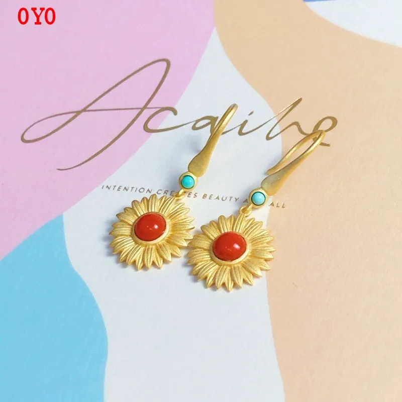 

925 sterling silver earrings sun flower ancient gilt craft inlaid turquoise simple fashion earrings