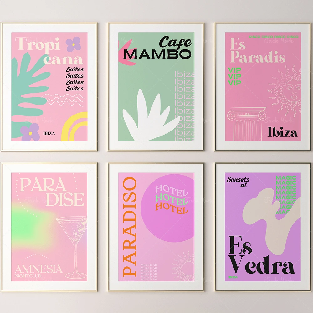 

Ibiza Themed Prints Gallery Wall Set of 6, Retro, Mid Century Art, Wall Art, Pink Prints, Bedroom Prints, Cocktails