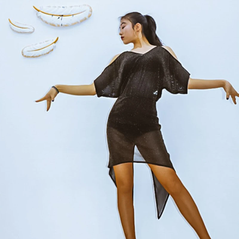 Женское платье для латиноамериканских танцев черное из газовой ткани тренировок