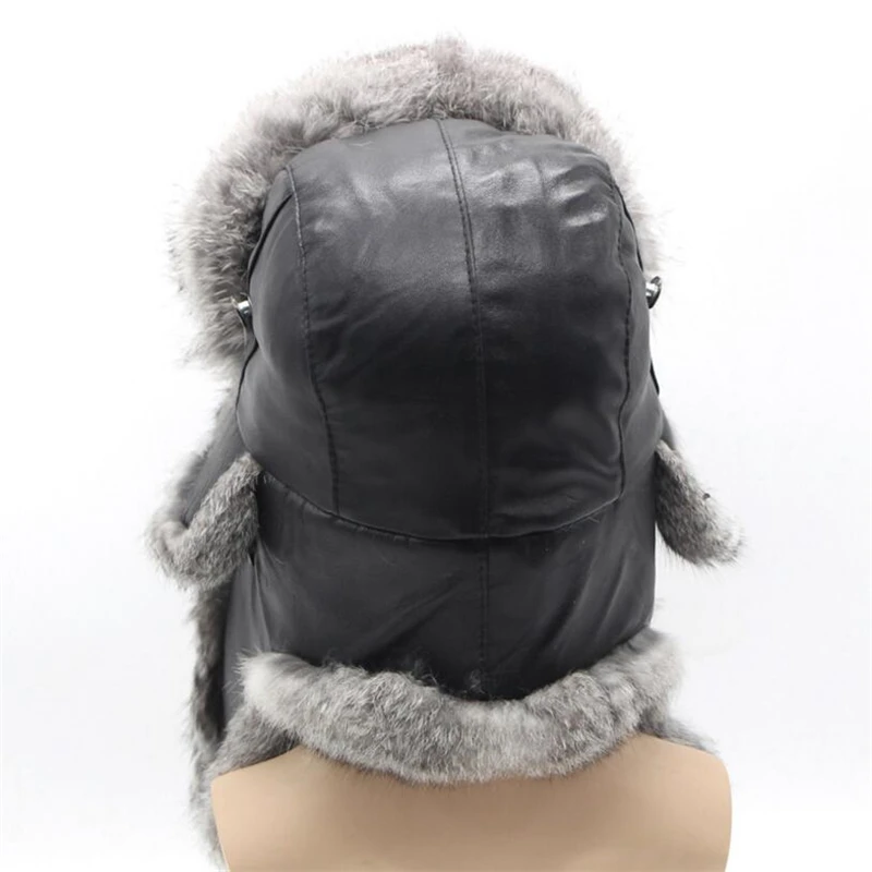 

Winter Real Fur Skiing Hats Unisex Rabbit Fur Bomber Hats for Men Women Real Sheep Leather