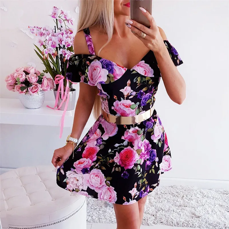 

2021 Summer V-Neck Womens Mini Dress Off Shoulder Vintage Floral Print Ruffled Short Sleeve Dress Elegant Party Dresses Vestidos