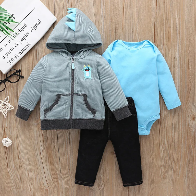 3PCS Infant Baby boy clothes sets Cartoon animals bear Winter warm Tops Coat Sweater+Bodysuit+Pants Neborn Fashion Outfits | Детская