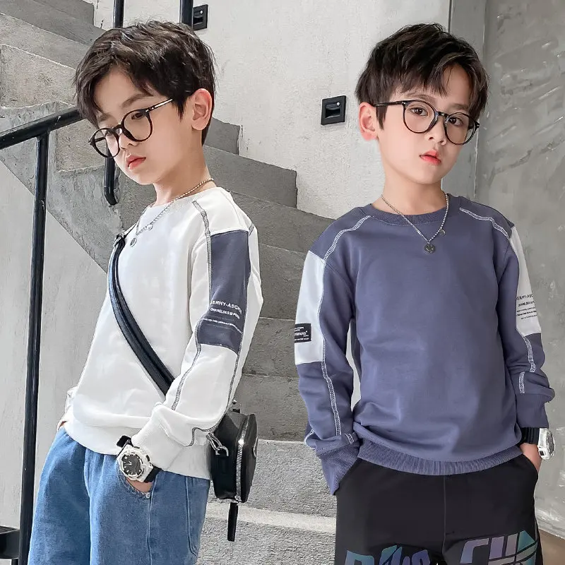 

Boys Cotton Sweatshirts For 5 To 14 Years Old Clothing New Spring Teenager Patchwork Outfits Children Round Collar Sweatshirts