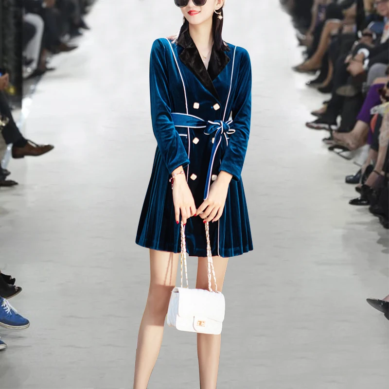 2019 осенне зимнее женское вельветовое платье с длинным рукавом