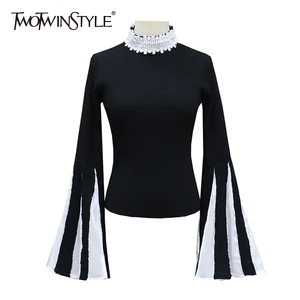 Женский полосатый свитер TWOTWINSTYLE, трикотажный свитер с длинными рукавами и высоким воротом, модная одежда