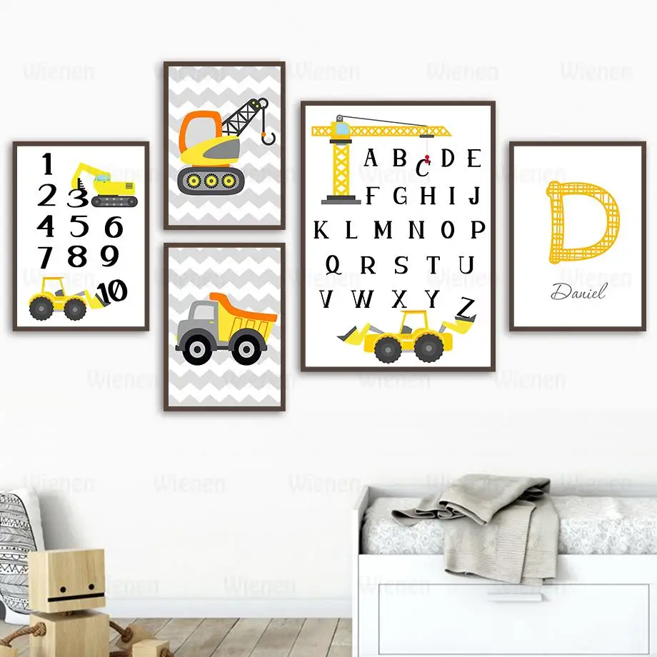 

Cartoon Alphabet Number Hook Excavator Truck Crane Wall Art Canvas Painting Poster Home Wall Decor Pictures for Kids Room