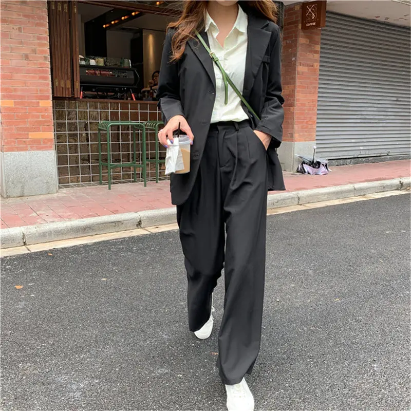 HziriP Autumn All Match Office Lady OL Style Solid Elegant Blazer+Straight Casual Loose Trouser Women Suits 2 Piece Sets - Цвет: BLACK