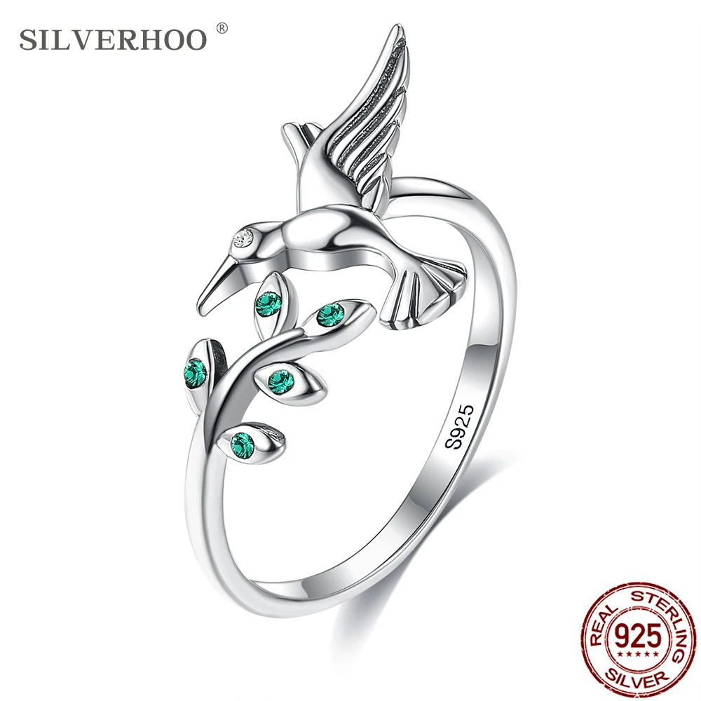 

SILVERHOO Authentic Sterling Silver 925 Jewelry Bird & Tree Leaves Open Size Finger Rings For Women Green Cubic Zirconia Ring