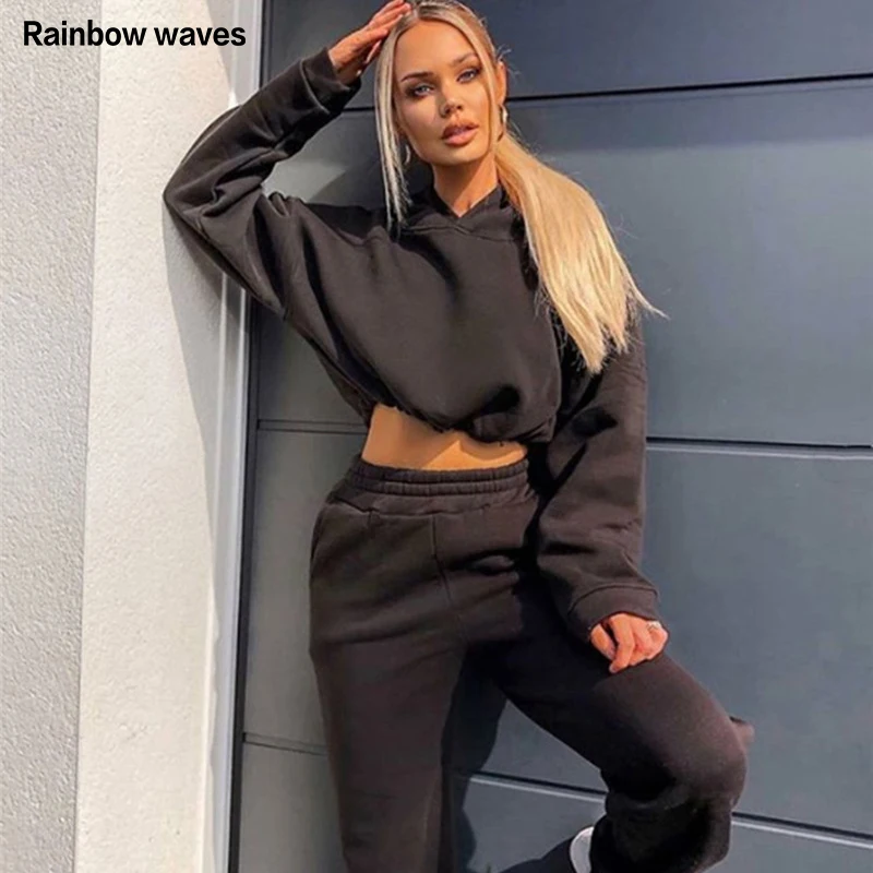 

Rainbowwaves Women's Warm Suit Fashion Drawstring Hooded Sweatshirt Pants Sportswear Casual 2 Piece Sets Tracksuit Female Outfit