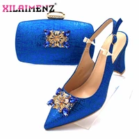 classics african women royal wedding party shoes and bag to match with shinning crystal in royal blue color italian style set