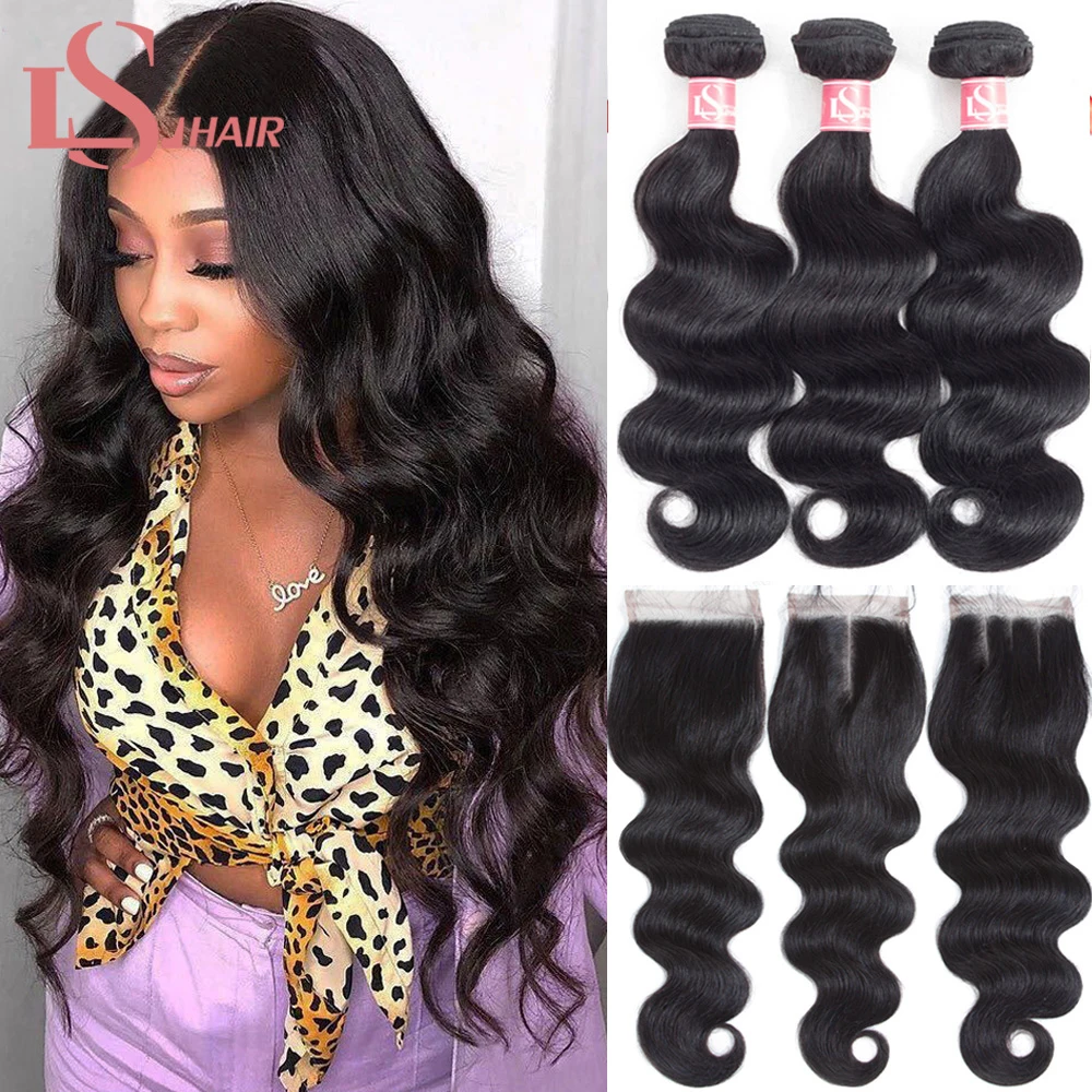 LS HAIR Body Wave Human Hair Bundles With Lace Closure Brazilian Hair Weave Bundles With 4x4 Lace Closure Remy Hair Extension