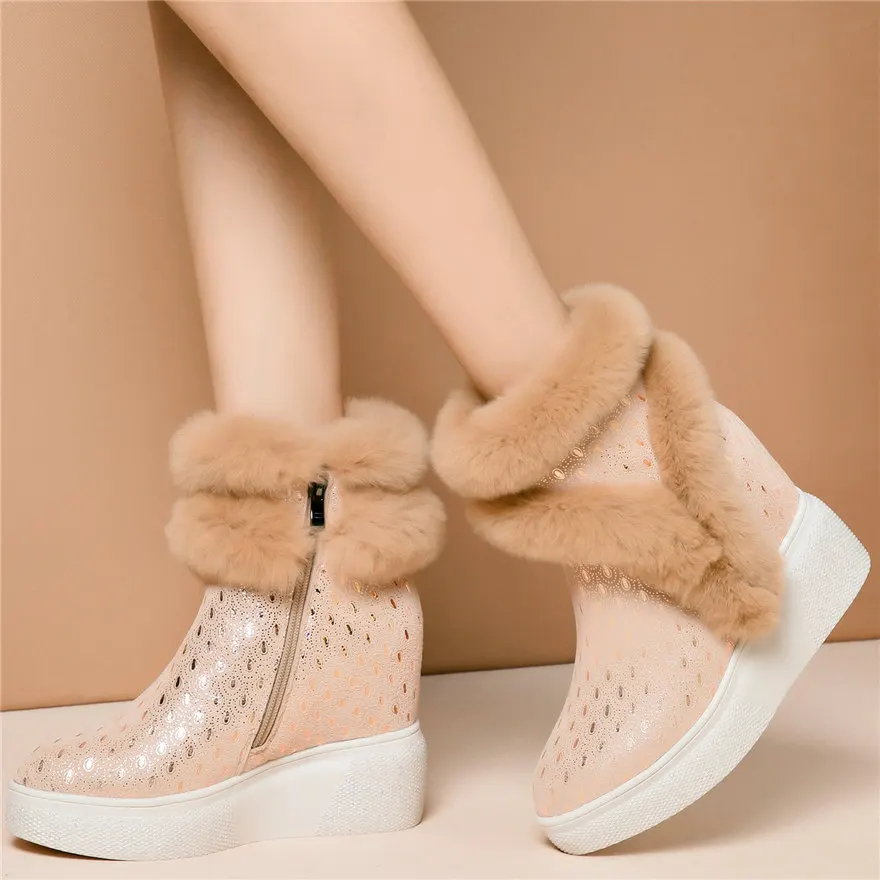 

Winter Trainers Women Cow Leather Wedges High Heel Ankle Boots Female Warm Rabbit Fur Pointed Toe Fashion Sneakers Casual Shoes