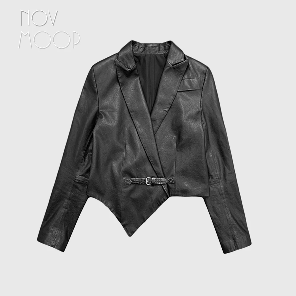 

Novmoop genuine leather women blazer jacket coat minimalism french style chic formal lady's wear snake skin pattern belt LT3438