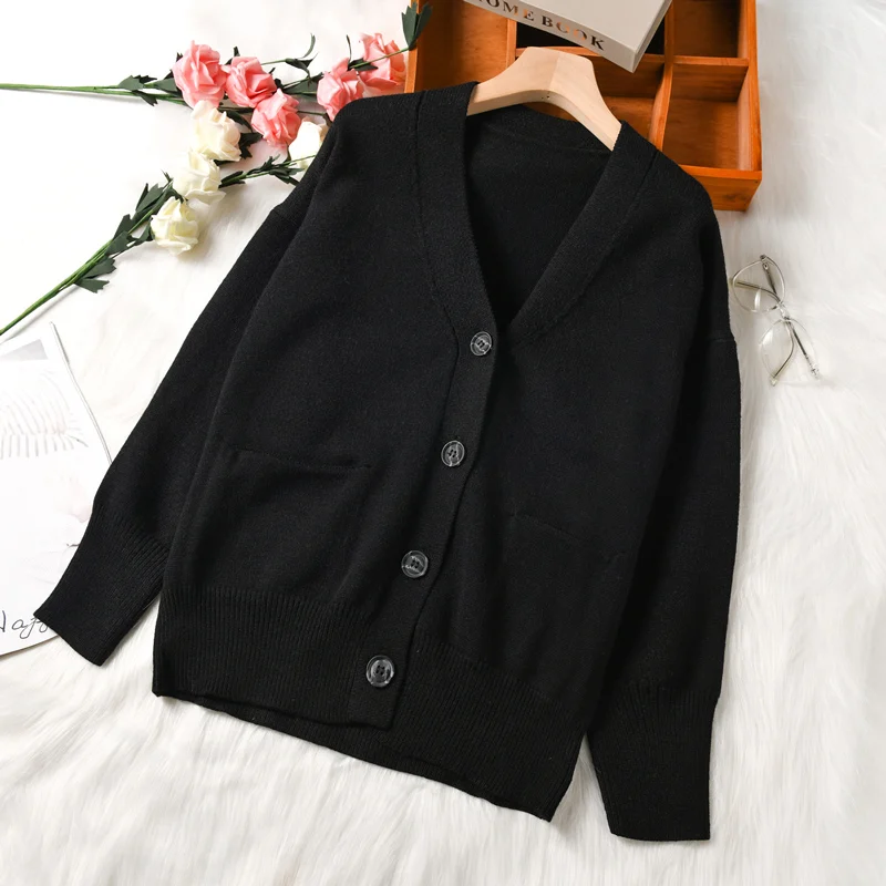 Женский винтажный кардиган с V-образным вырезом черный вязаный однотонный